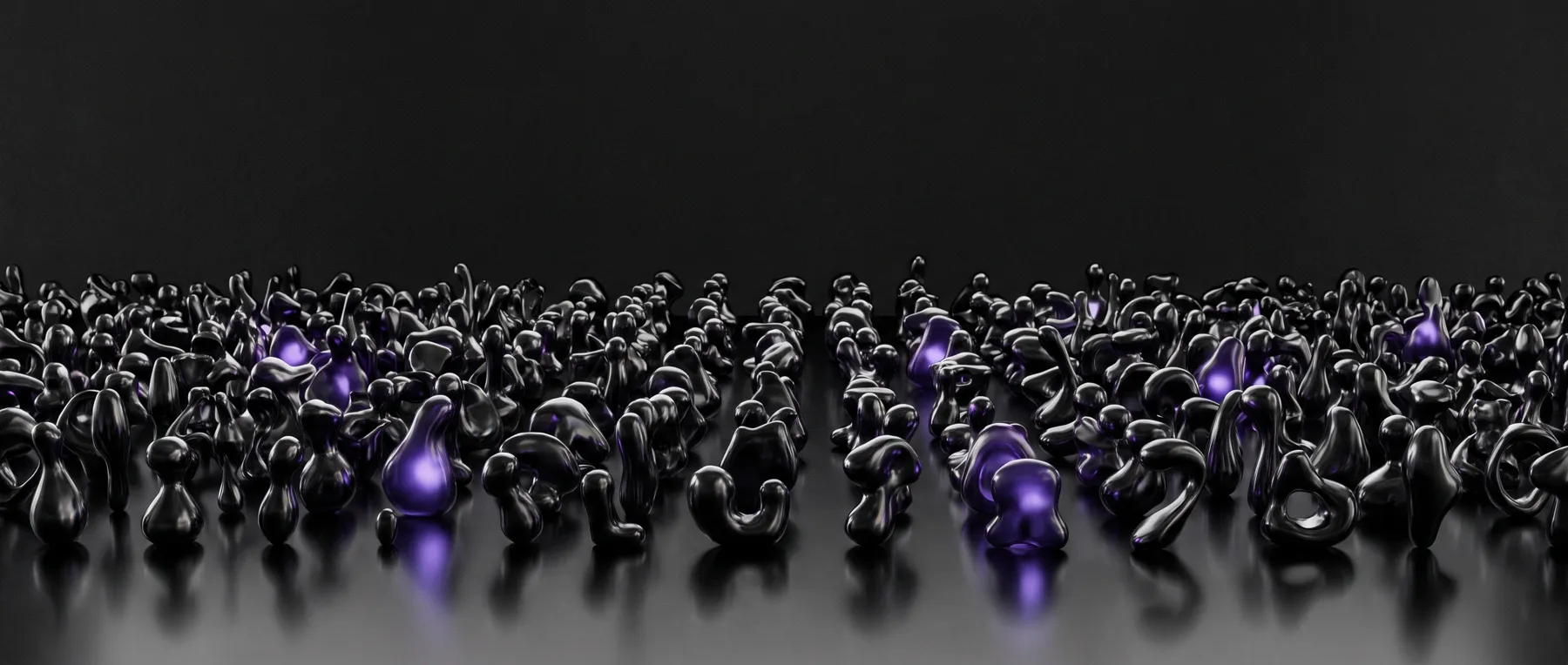 A crowd of small dark forms, several glowing faintly purple.