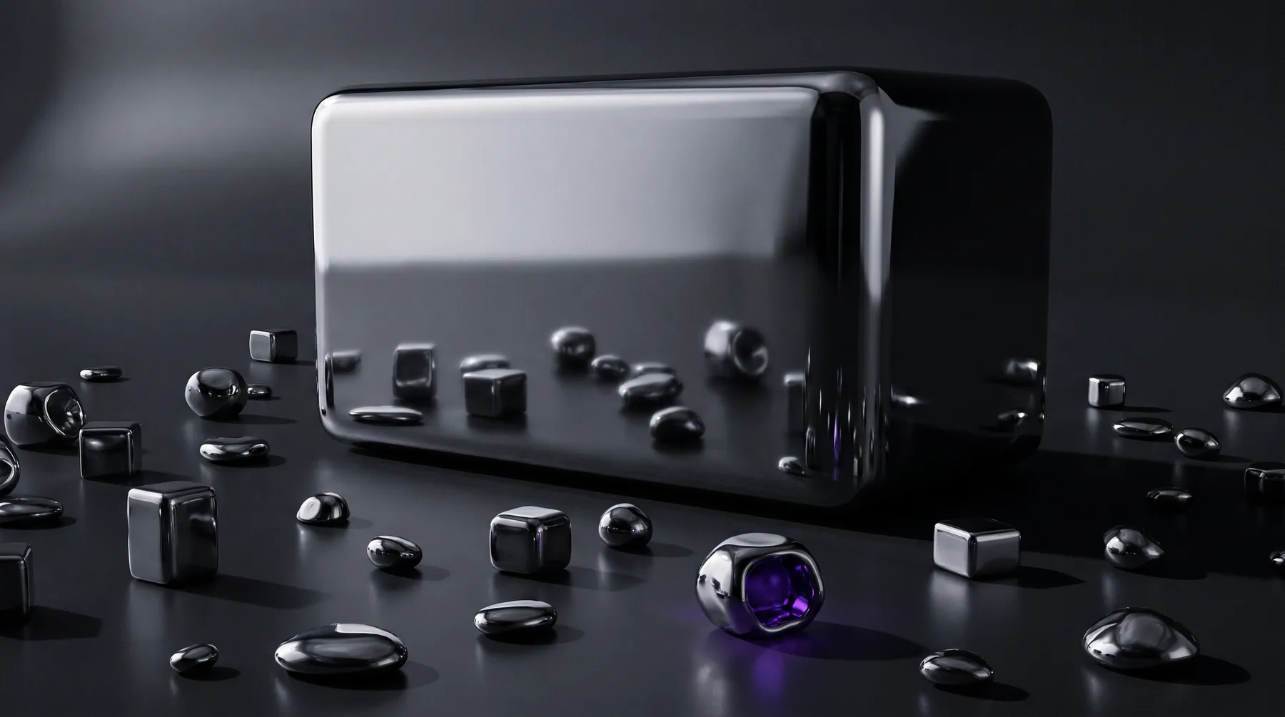 A chrome monolith towering over many smaller forms, one glowing faintly purple.